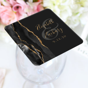 Achat-Geoden-Schrift Schwarz Gold Dunkle Hochzeit Rechteckiger Pappuntersetzer