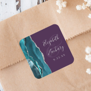 Achat-Geoden-Schrift Teal Silber Lila Hochzeit Quadratischer Aufkleber