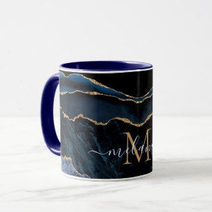 Achat Marine Blau Gold Edelstein Marmor Monogramm Tasse