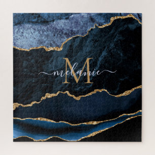 Achat Navy Blau Gold Edelstein Marmor Monogramm