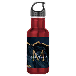 Achat Navy Blau Gold Edelstein Marmor Monogramm Na Edelstahlflasche