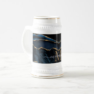 Achat Navy Blau Gold Marmor Name Buchstabe Bierkru Bierglas