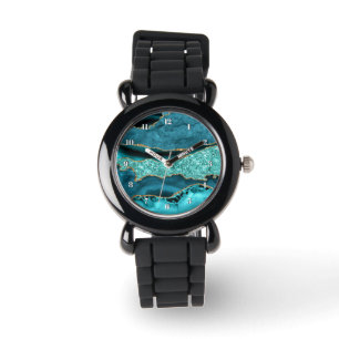 Achat Teal Blau Gold Glitter Marmor Aqua Türkis Armbanduhr