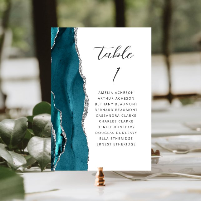 Achat Türkis Blau Silber Moderne Schrift Hochzeit Tischnummer (Von Creator hochgeladen)