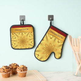 Achempong Designer Kitchen Set: Opulent Swirl Gold Ofenhandschuh & Topflappen-Set