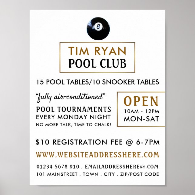 Acht Ball, Pool Club, Snooker Club Werbung Poster (Vorne)