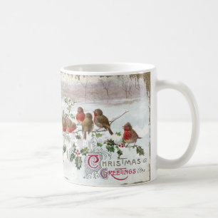 Acht englische Rotkehlchen auf Kaffeetasse