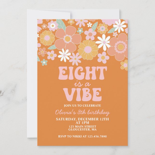 Acht ist ein lebhafter Groovy Retro Floral 8. Gebu Einladung (Vorderseite)