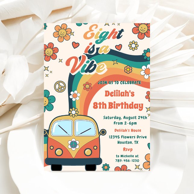 Acht ist ein Vibe Groovy Retro Floral 8. Geburtsta Einladung (Von Creator hochgeladen)