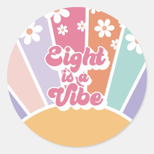 Acht ist eine Vibe Retro Sunshine Rainbow Daisy Runder Aufkleber (Vorderseite)