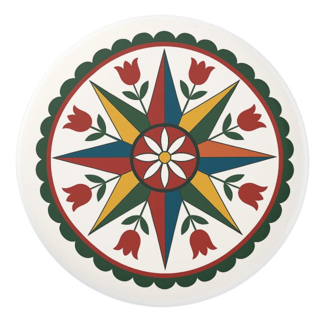 Acht-Pt Star Blume Pennsylvania Dutch Hex Knob Keramikknauf (Vorderseite)