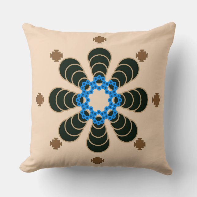 Acht Punkte Mandala, Schokolade, Tan, Beige & Blue Kissen (Vorderseite)