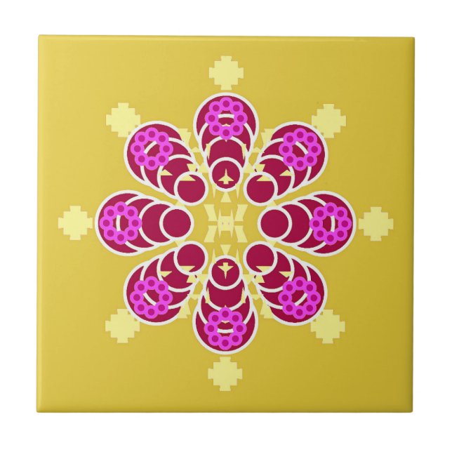 Acht Punkte Mandala, Senf Gold und Lila Fliese (Vorderseite)