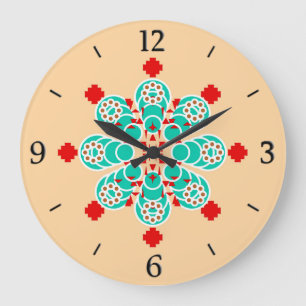 Acht Punkte Mandala - Türkis und Pfirsich Große Wanduhr