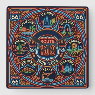 Acht Staaten Neon Route 66 Centennial 1926-2026 Quadratische Wanduhr