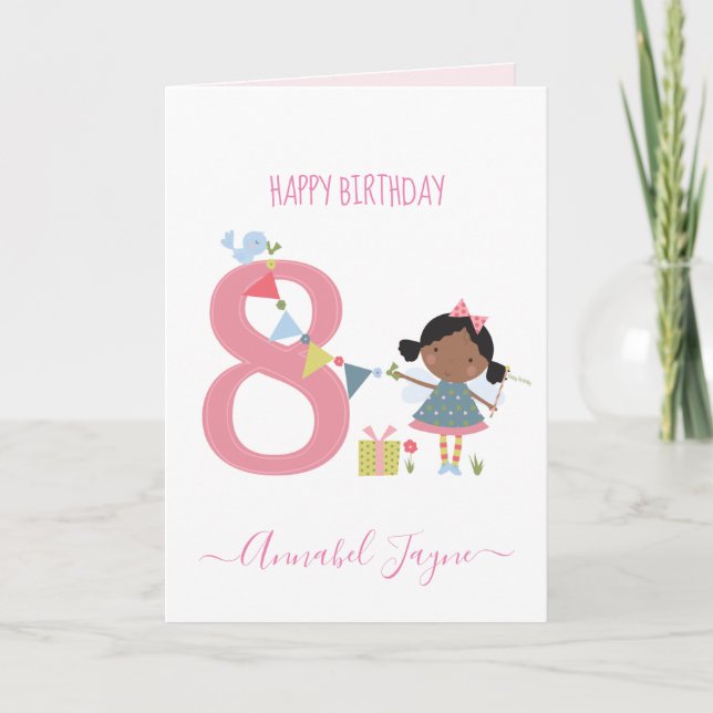 Achte Geburtstagsfee niedlich rosa personalisiert Karte (Vorderseite)