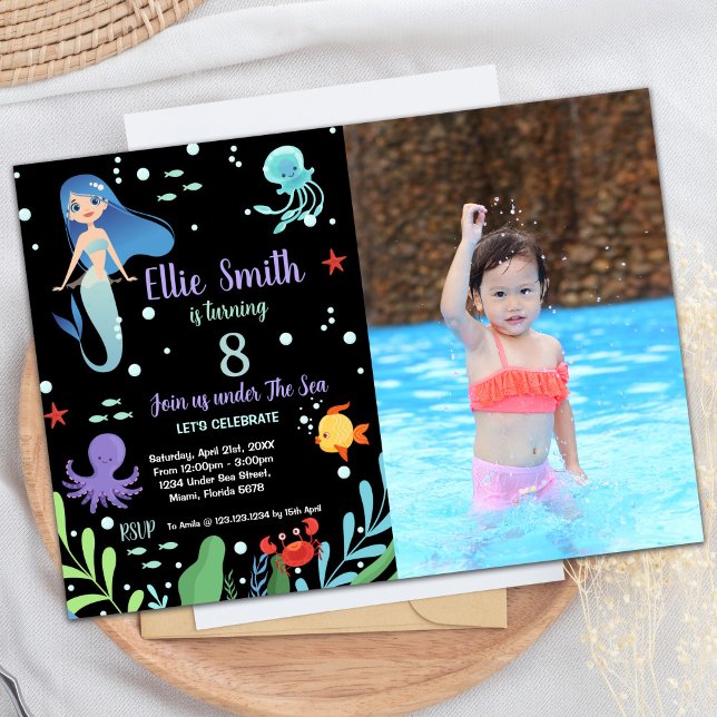 Achte Mermaid Geburtstag Einladungen mit Foto (8th Mermaid Birthday Invitations with photo)