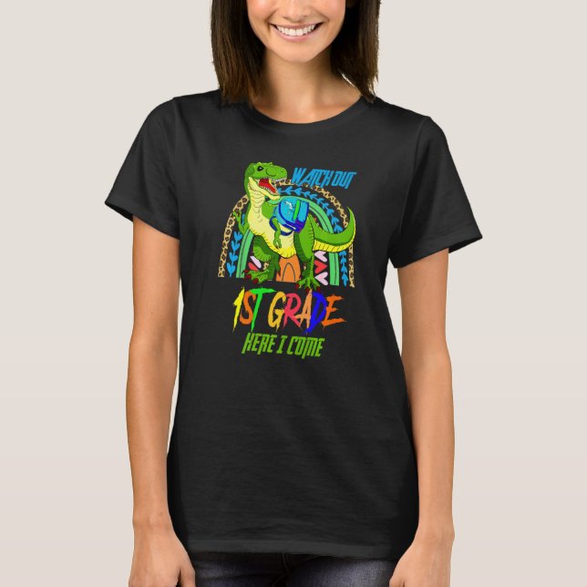 Achten Sie auf die Kinder der ersten Klasse Dinosa T-Shirt (Vorderseite)