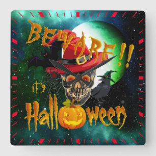 Achtung, es ist Halloween Gruseliger Totenkopf & M Quadratische Wanduhr