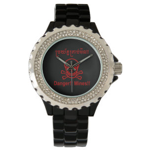 Achtung!! Minen!! ☠ Kambodschanisches Khmer-Schild Armbanduhr
