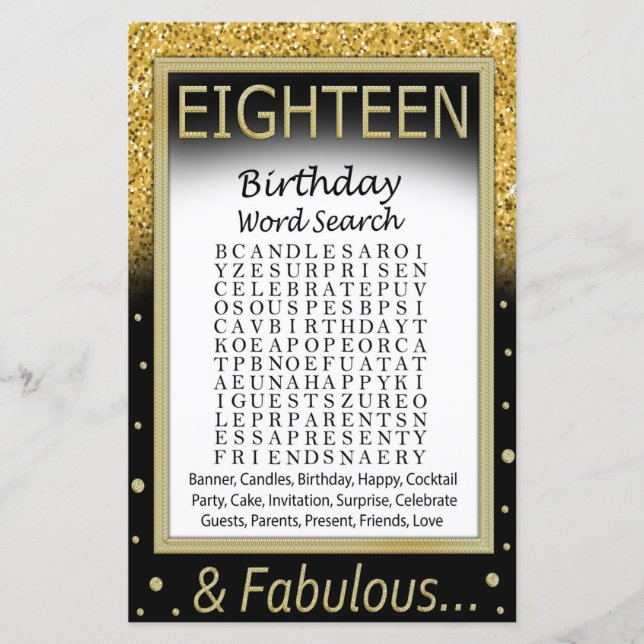 Achtzehn Geburtstag Word Search Game (Vorderseite)