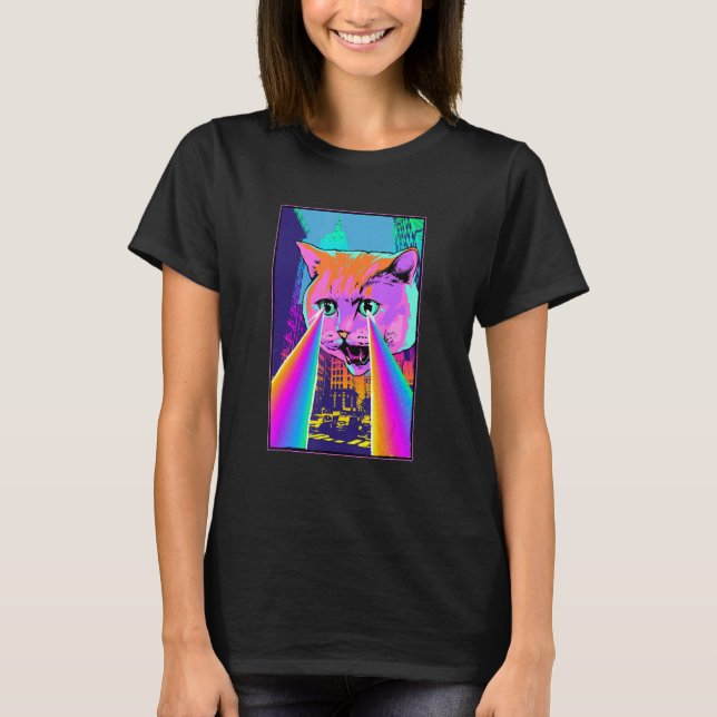 Acid Pixie Laser Cat in the City Psychedelic Tripp T-Shirt (Vorderseite)