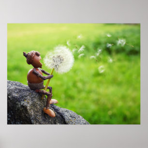 Acorn elf blows into dandelion poster