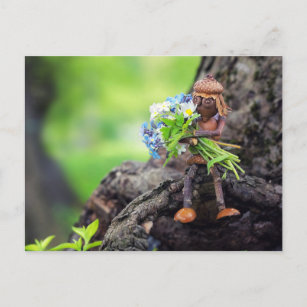 Acorn elf girl with flowers postcard postkarte