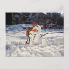 Acorn Elf macht einen Schneemann Winterpostkarte Postkarte