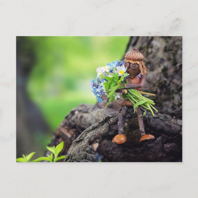Acorn elf Mädchen mit Blume Postkarte (Vorderseite)