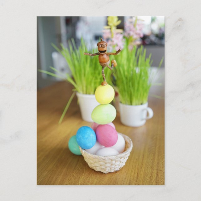 Acorn Elfen mit Ostereiern Ostern Postkarte (Vorderseite)