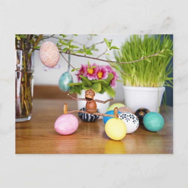 Acorn Elfen mit Ostereiern Ostern Postkarte (Vorderseite)