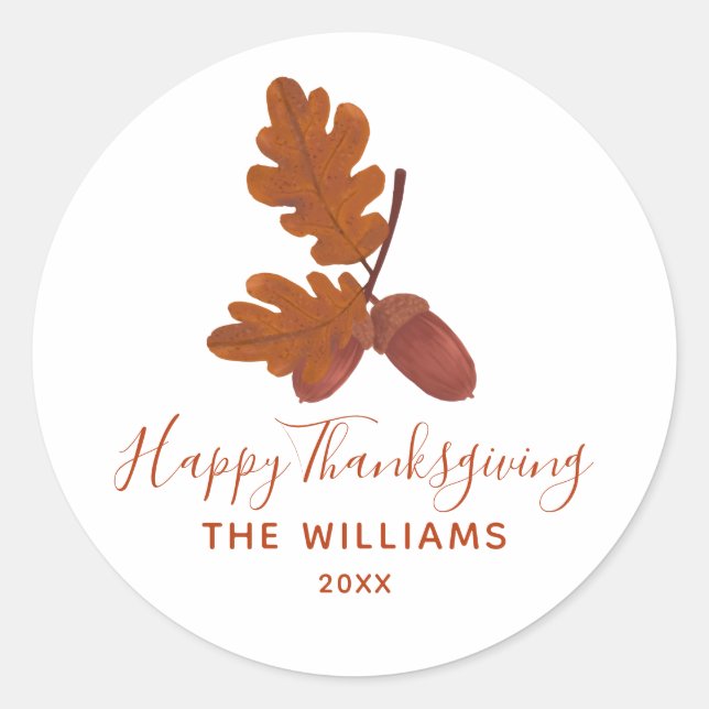 Acorn "Happy Thanksgiving" Personalisiert Runder Aufkleber (Vorderseite)