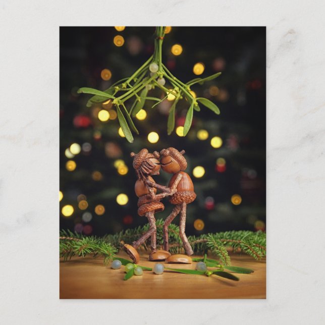 Acornelfen küssen unter dem Weihnachtsgeschenk des Postkarte (Vorderseite)