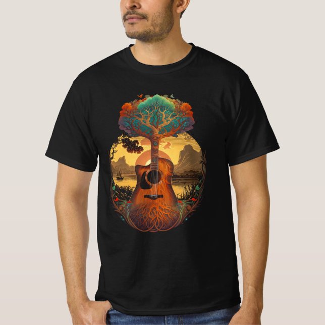 Acoustic Guitar Tree by Lake Guitarist Sunset T-Shirt (Vorderseite)