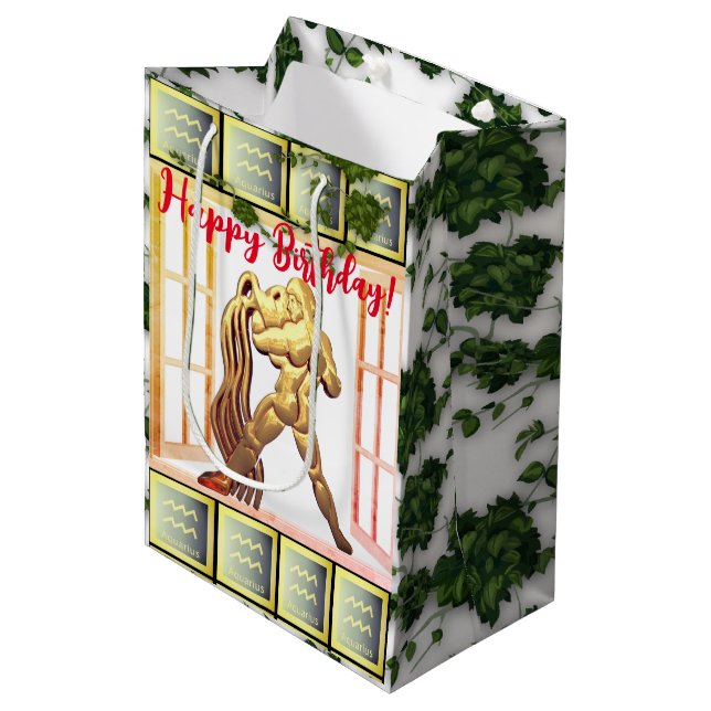 Acquarius - Happy Birthday Medium Gift Bag Mittlere Geschenktüte (Vorderseite Schrägansicht)