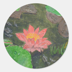 Acryl auf Leinwand, rosa Seerose und grüne Blätter Runder Aufkleber