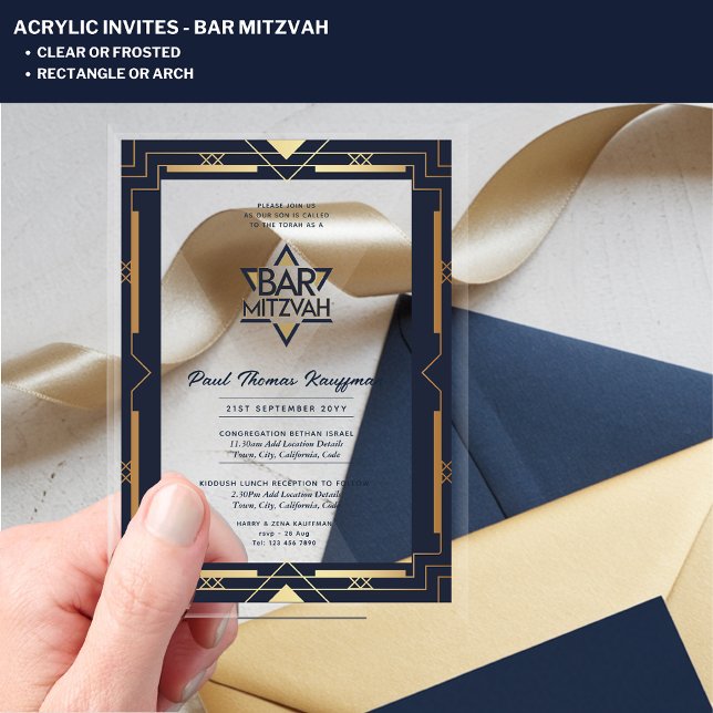 Acryl BAR MITZVAH Navy Gold Moderne klare Eleganz Acryleinladungen (Von Creator hochgeladen)