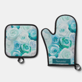 Acryl Rosen in Blau Türkis Farben Ofenhandschuh & Topflappen-Set