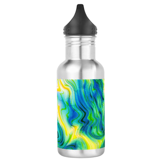 Acrylfarbe, blau, grün, gelb / edelstahlflasche (Links)