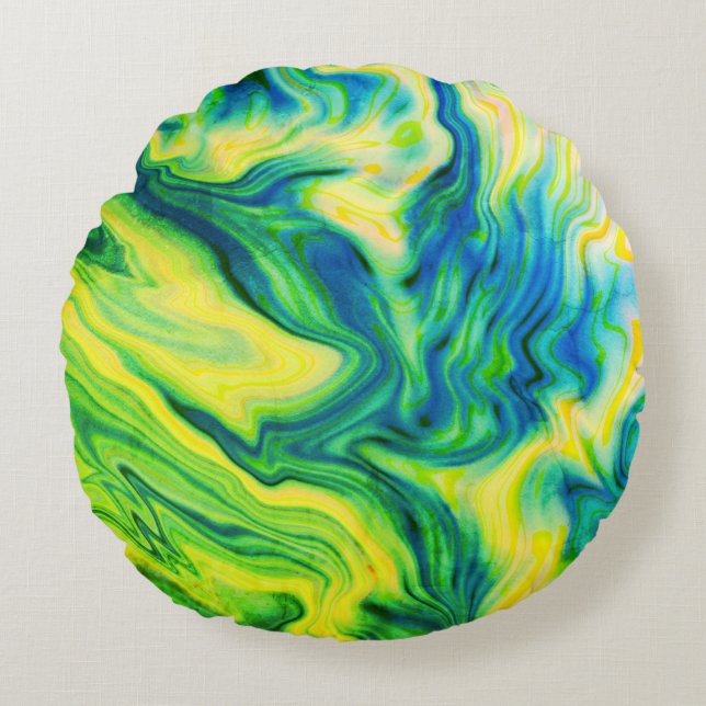 Acrylfarbe, blau, grün, gelb / rundes kissen (Vorderseite)
