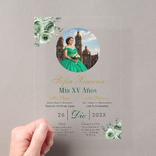 Acrylgrünes elegantes Kleid Quinceañera-Einladung Acryleinladungen