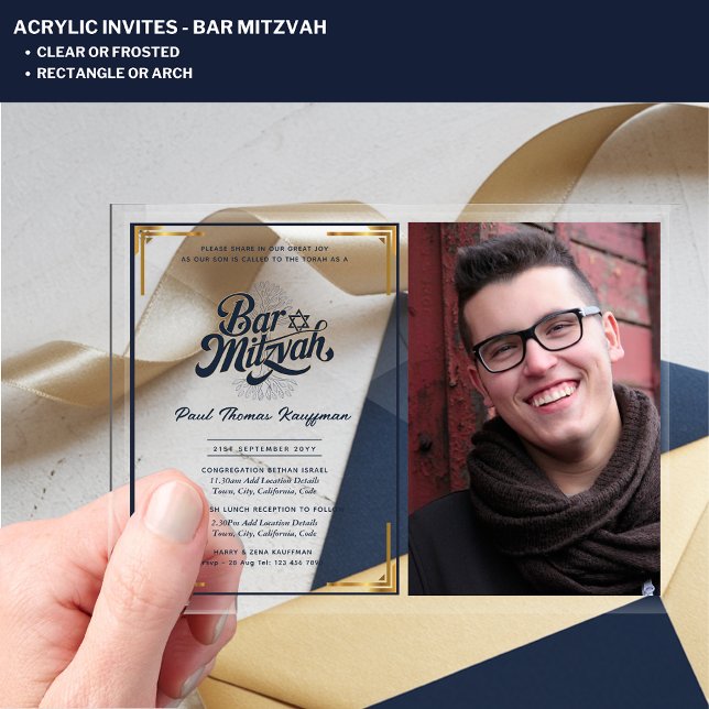 ACRYLIC BAR MITZVAH Foto Blue Gold Elegante Acryleinladungen (Von Creator hochgeladen)