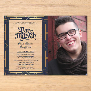 ACRYLIC BAR MITZVAH Foto Blue Gold Elegante Acryleinladungen