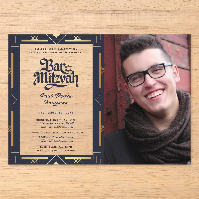ACRYLIC BAR MITZVAH Foto Blue Gold Elegante Acryleinladungen (Vorderseite)