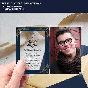 ACRYLIC BAR MITZVAH Foto Blue Gold Elegante Modern Acryleinladungen