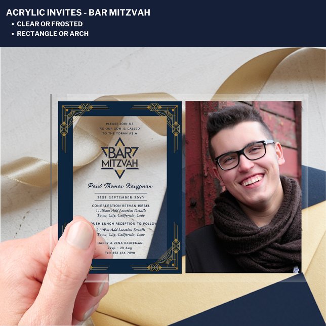 ACRYLIC BAR MITZVAH Foto Blue Gold Elegante Modern Acryleinladungen (Von Creator hochgeladen)