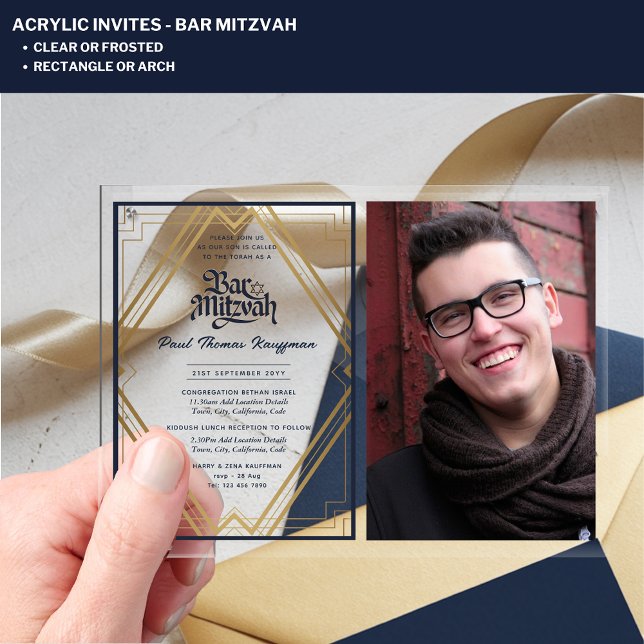 ACRYLIC BAR MITZVAH Foto Navy Gold Elegant Acryleinladungen (Von Creator hochgeladen)