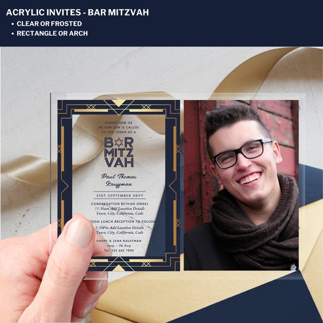 ACRYLIC BAR MITZVAH Foto Navy Gold Elegante Modern Acryleinladungen (Von Creator hochgeladen)
