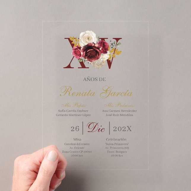Acrylic Burgundy floral quinceañera invitation (In situ (ordinateur de poche))
